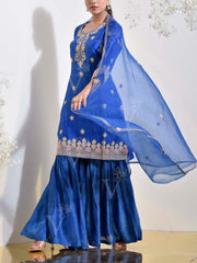 Blue Organza Embroidered Kurta and Sharara Set