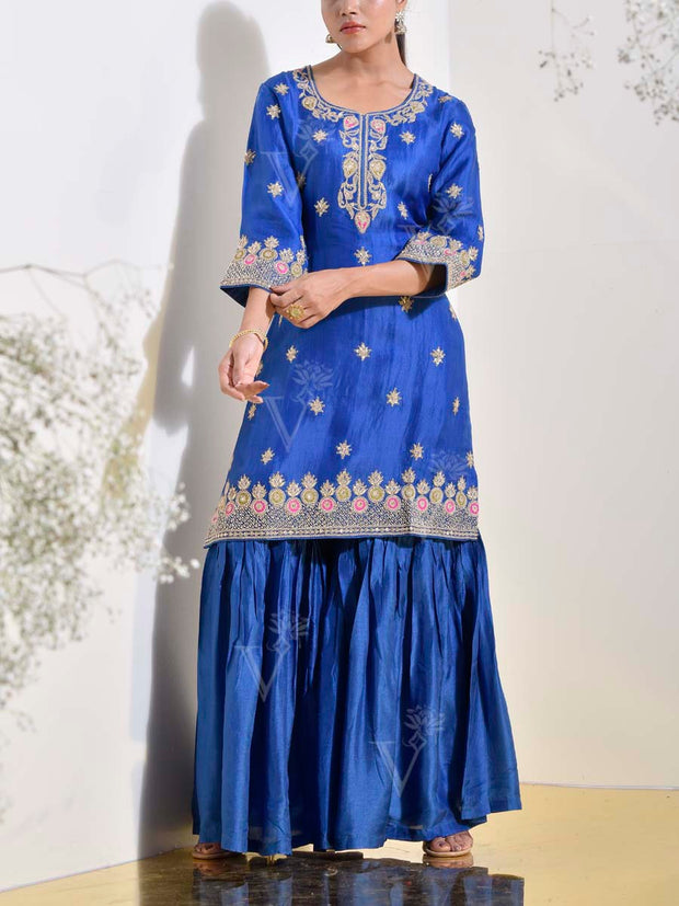 Blue Organza Embroidered Kurta and Sharara Set