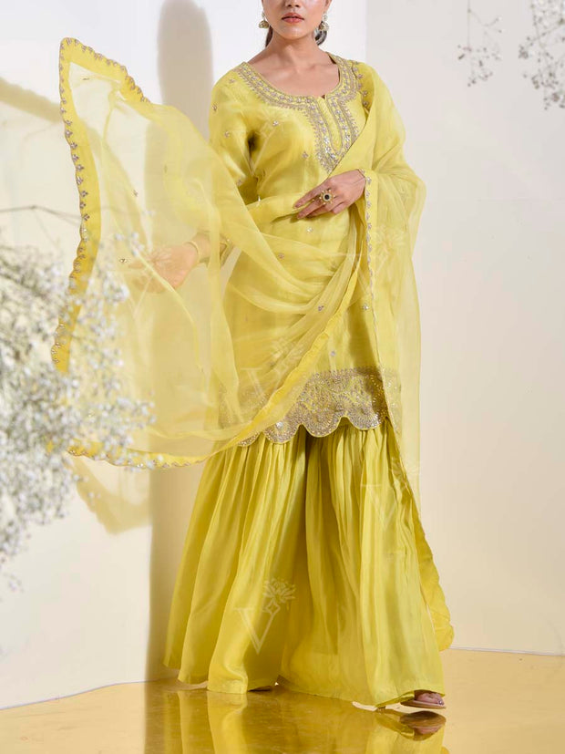 Yellow Organza Embroidered Kurta and Sharara Set