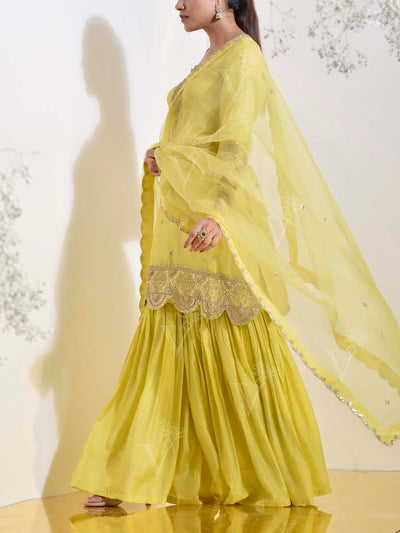 Yellow Organza Embroidered Kurta and Sharara Set