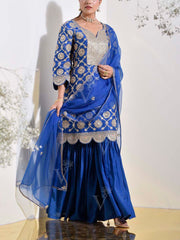 Blue Organza Embroidered Kurta and Sharara Set