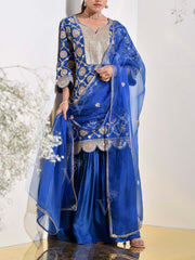 Blue Organza Embroidered Kurta and Sharara Set