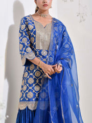 Blue Organza Embroidered Kurta and Sharara Set