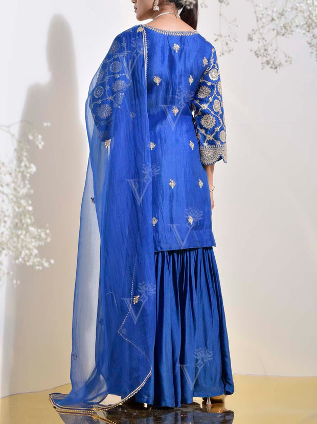 Blue Organza Embroidered Kurta and Sharara Set