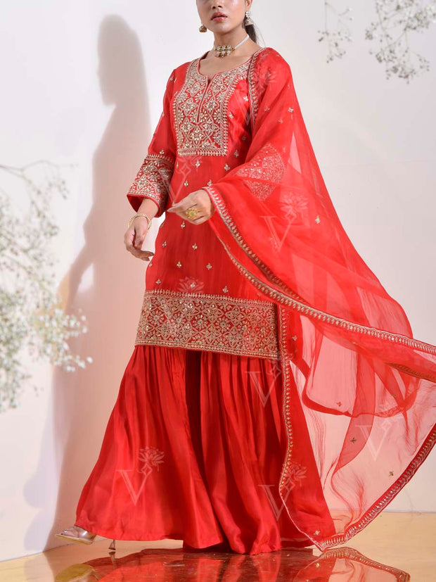 Red Organza Embroidered Kurta and Sharara Set