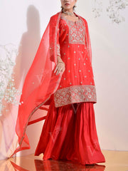 Red Organza Embroidered Kurta and Sharara Set