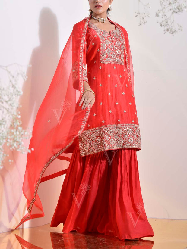 Red Organza Embroidered Kurta and Sharara Set