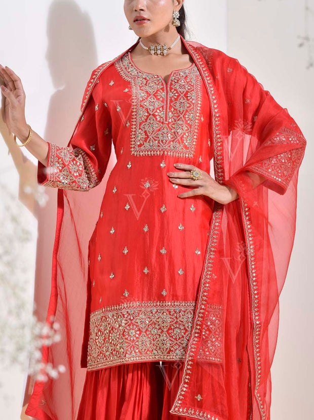 Red Organza Embroidered Kurta and Sharara Set