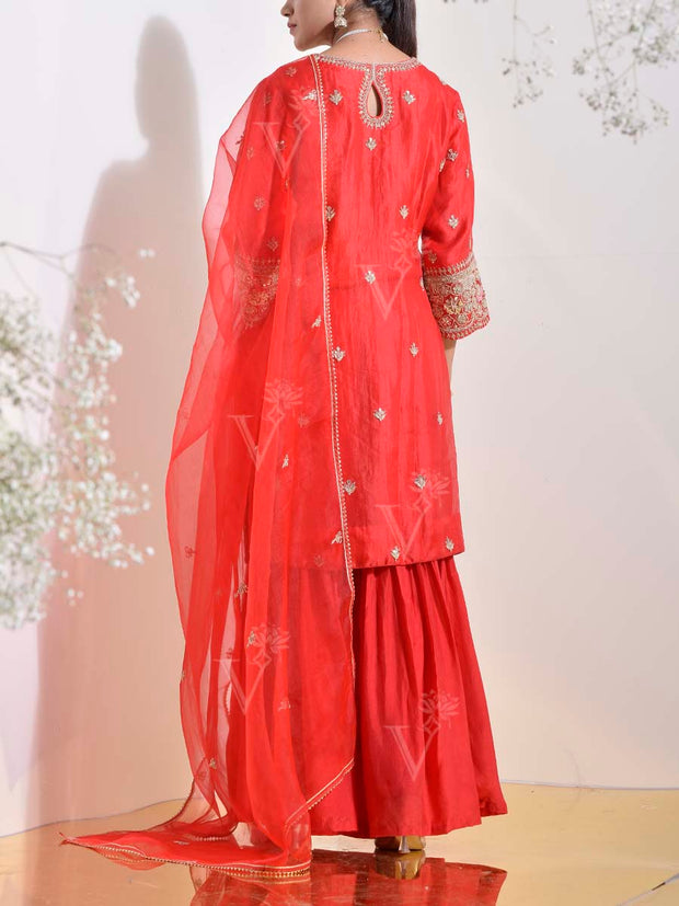 Red Organza Embroidered Kurta and Sharara Set