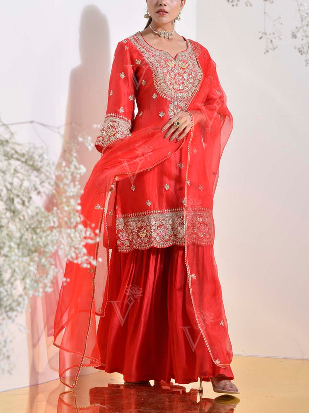 Red Organza Embroidered Kurta and Sharara Set