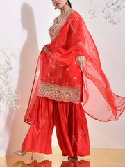 Red Organza Embroidered Kurta and Sharara Set