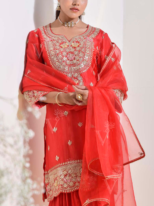 Red Organza Embroidered Kurta and Sharara Set