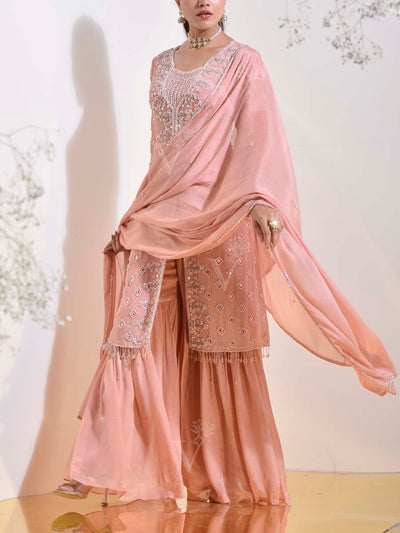 Peach Pink Embroidered Kurta and Sharara Set