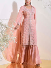 Peach Pink Embroidered Kurta and Sharara Set