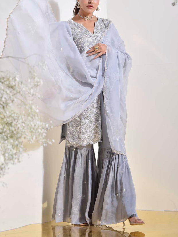 Grey  Tissue Silk Embroidered Kurta and Sharara Set