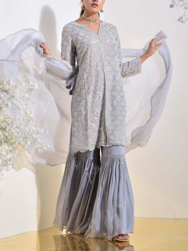 Grey  Tissue Silk Embroidered Kurta and Sharara Set