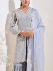 Grey  Tissue Silk Embroidered Kurta and Sharara Set