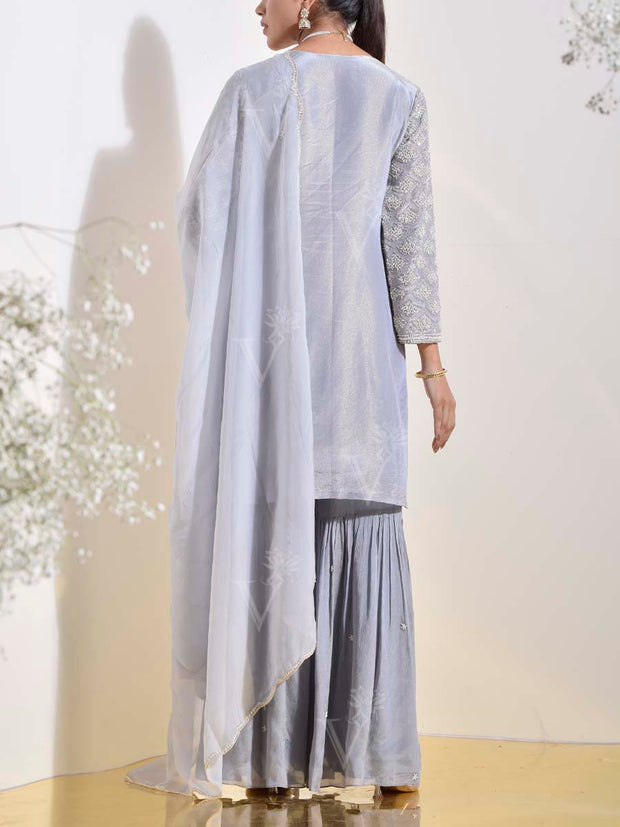 Grey  Tissue Silk Embroidered Kurta and Sharara Set