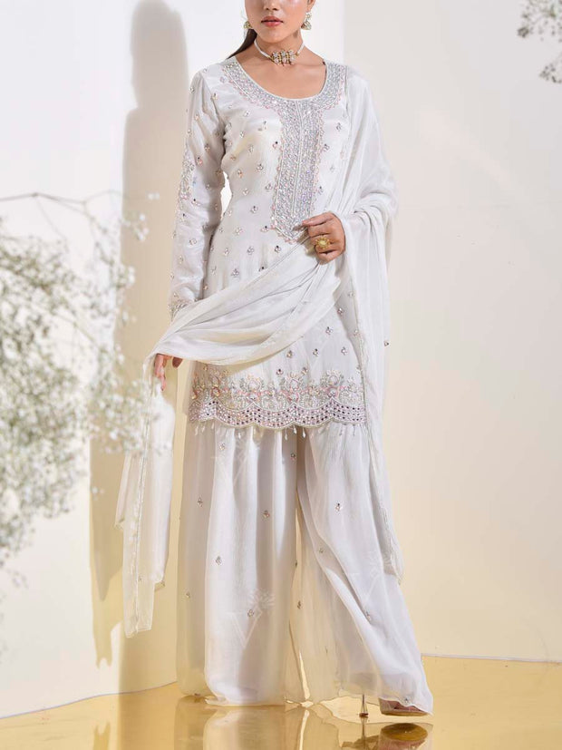 White Wrinkle Crepe Embroidered Kurta and Palazzo Set