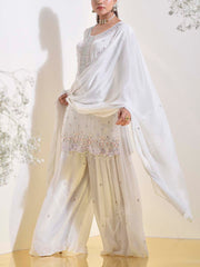 White Wrinkle Crepe Embroidered Kurta and Palazzo Set