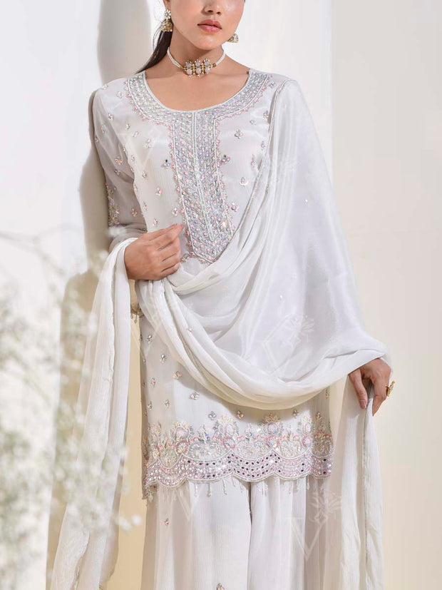 White Wrinkle Crepe Embroidered Kurta and Palazzo Set