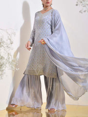 Blue Grey Wrinkle Crepe Embroidered Kurta and Sharara Set