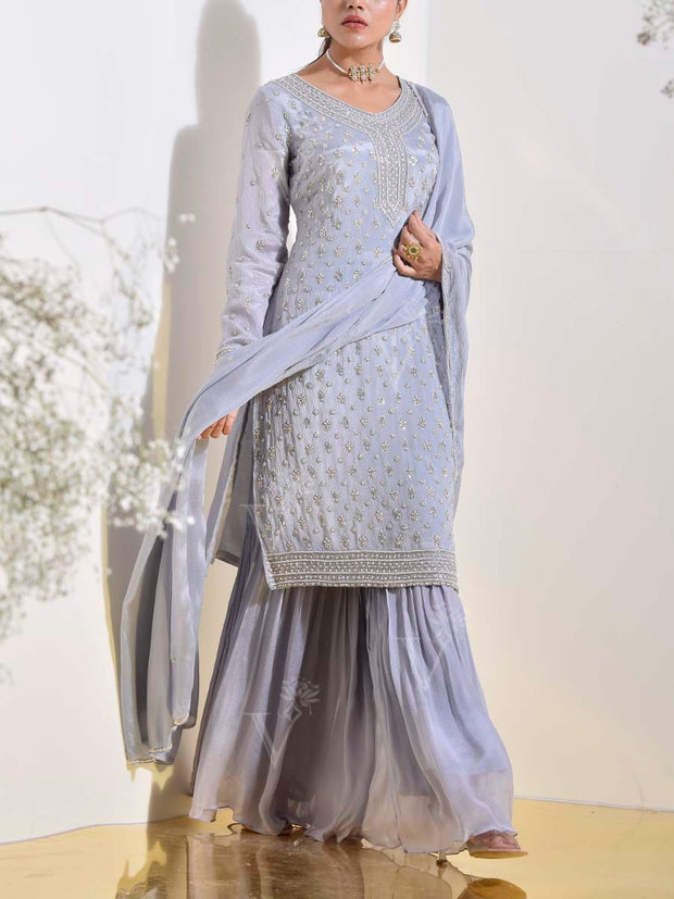 Blue Grey Wrinkle Crepe Embroidered Kurta and Sharara Set