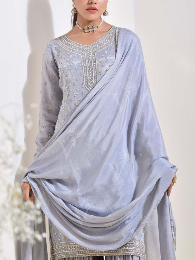 Blue Grey Wrinkle Crepe Embroidered Kurta and Sharara Set