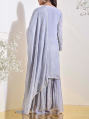 Blue Grey Wrinkle Crepe Embroidered Kurta and Sharara Set