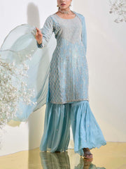 Blue Embroidered Kurta and Sharara Set