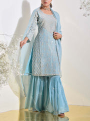 Blue Embroidered Kurta and Sharara Set