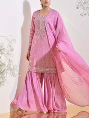 Pink Tissue Embroidered Kurta and Sharara Set