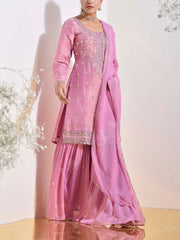 Pink Tissue Embroidered Kurta and Sharara Set