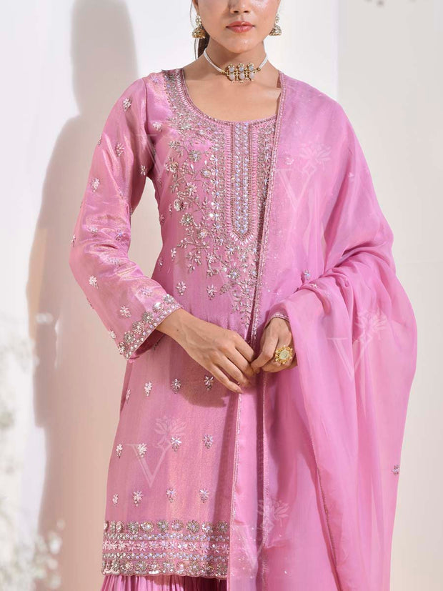 Pink Tissue Embroidered Kurta and Sharara Set