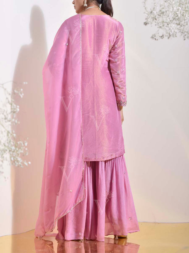 Pink Tissue Embroidered Kurta and Sharara Set