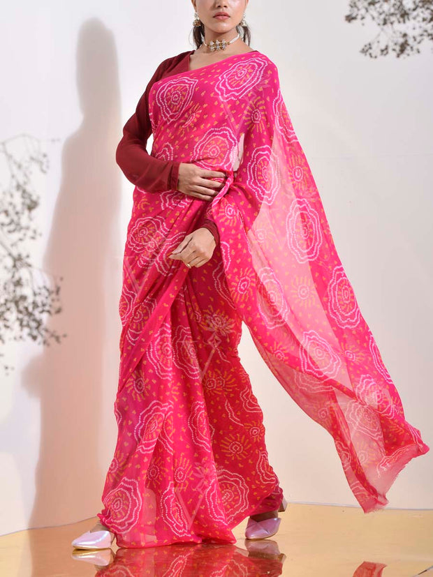 Pink Bandhani Georgette Saree