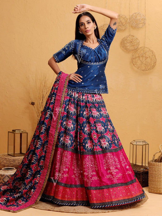 Blue And Pink Patola Lehenga With Rajputi Tunic