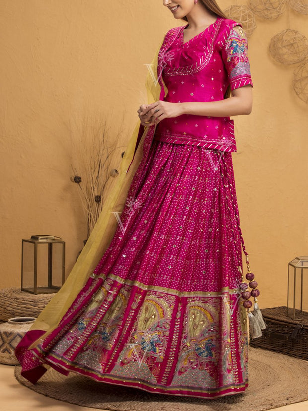 Pink Bandhani Silk Lehenga With Rajputi Tunic