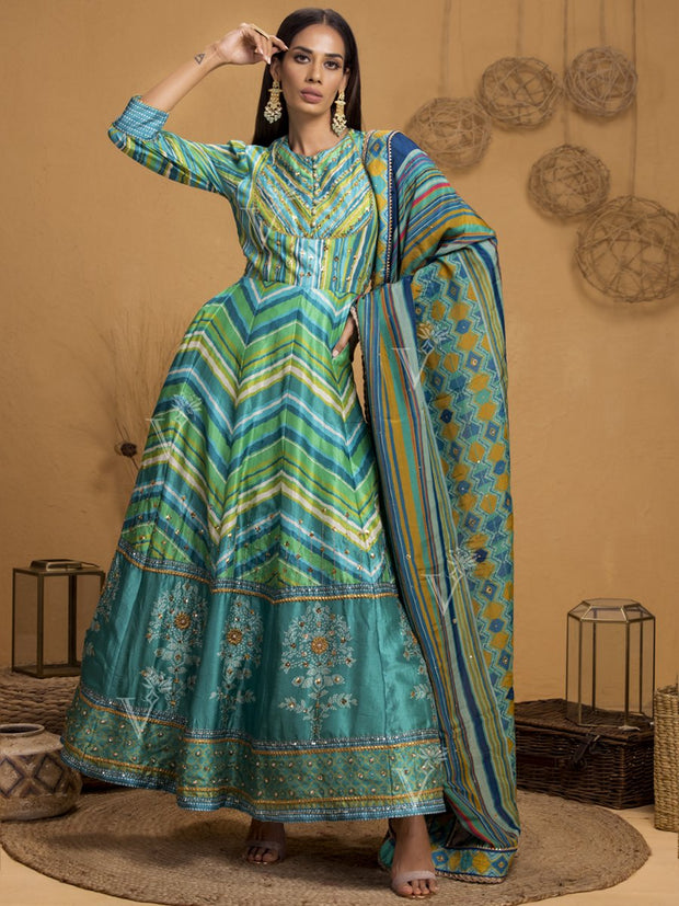 Green Vasansi Silk Signature Leheriya Anarkali Gown