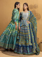 Green And Blue Vasansi Silk Signature Leheriya Lehenga With Peplum Top