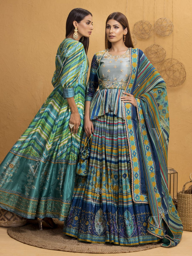 Green And Blue Vasansi Silk Signature Leheriya Lehenga With Peplum Top