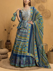 Green And Blue Vasansi Silk Signature Leheriya Lehenga With Peplum Top