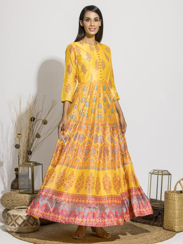 Yellow Silk Handcrafted Anarkali Gown