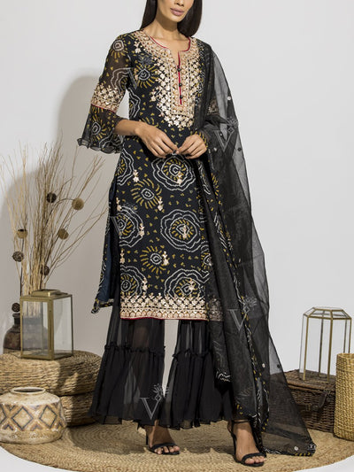 Black Bandhani Printed Gota Patti Sharara Set