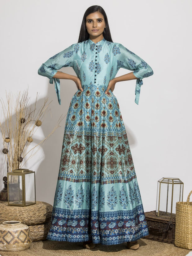 Cyan Blue Silk Printed Anarkali Gown