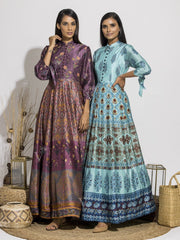 Cyan Blue Silk Printed Anarkali Gown