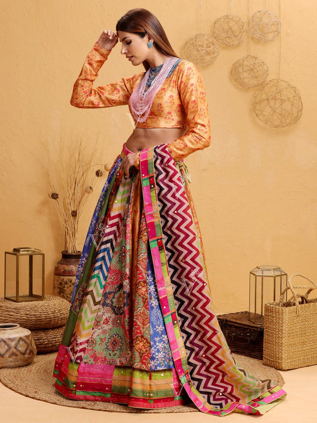 Handcrafted Multi Color Silk Lehenga Set