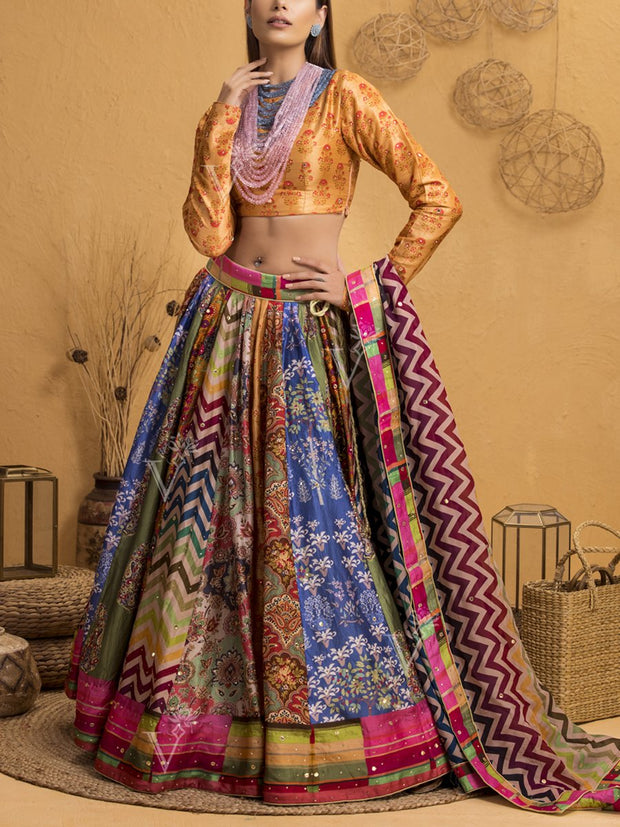 Handcrafted Multi Color Silk Lehenga Set