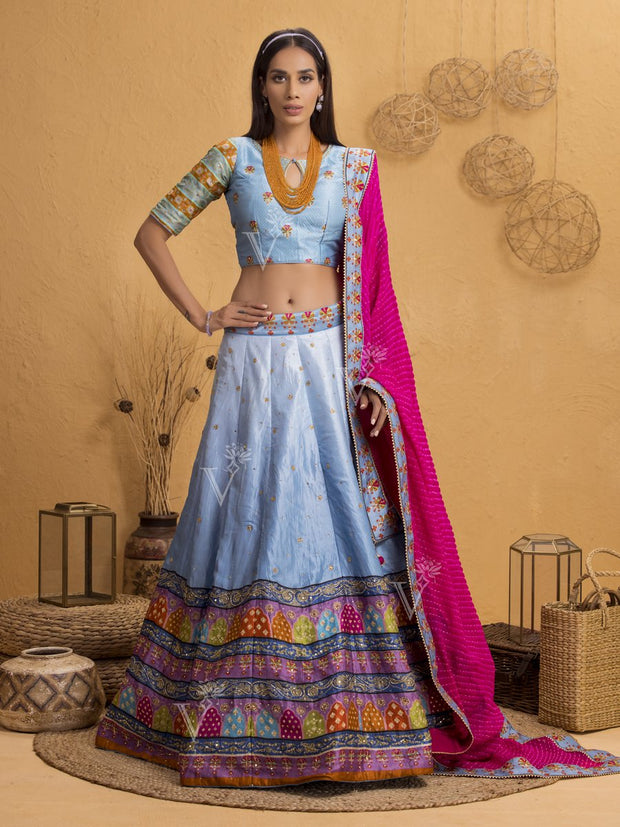 Cyan Blue Handcrafted Silk Lehenga Set