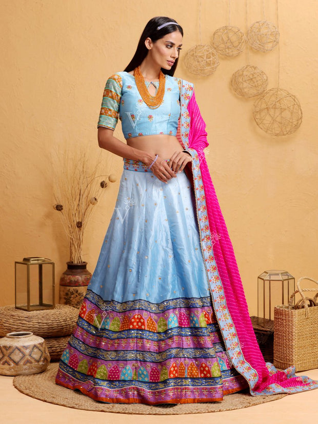 Cyan Blue Handcrafted Silk Lehenga Set